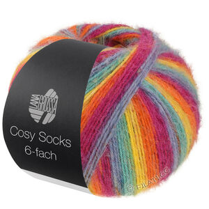 MEILENWEIT 6-FACH 150g Cosy Socks Multi Stripes - von Lana Grossa | 2201-Rauchblau/Türkis/Gelb/Orange/Fuchsia