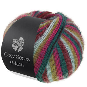 MEILENWEIT 6-FACH 150g Cosy Socks Multi Stripes - von Lana Grossa | 2206-Dunkelrot/Minttürkis/Olivgrün/Dunkelfuchsia/Opalgrün