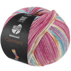 MEILENWEIT 100g Cashmere Pista - von Lana Grossa | 146-Hellfuchsia/Dunkelfuchsia/Weiß/Ocker/Türkis/Hellblau gestreift