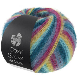 MEILENWEIT 100g Cosy Socks Multi Stripes - von Lana Grossa | 155-Dunkelpetrol/Helltürkis/Gelb/Orchidee/Grauviolett