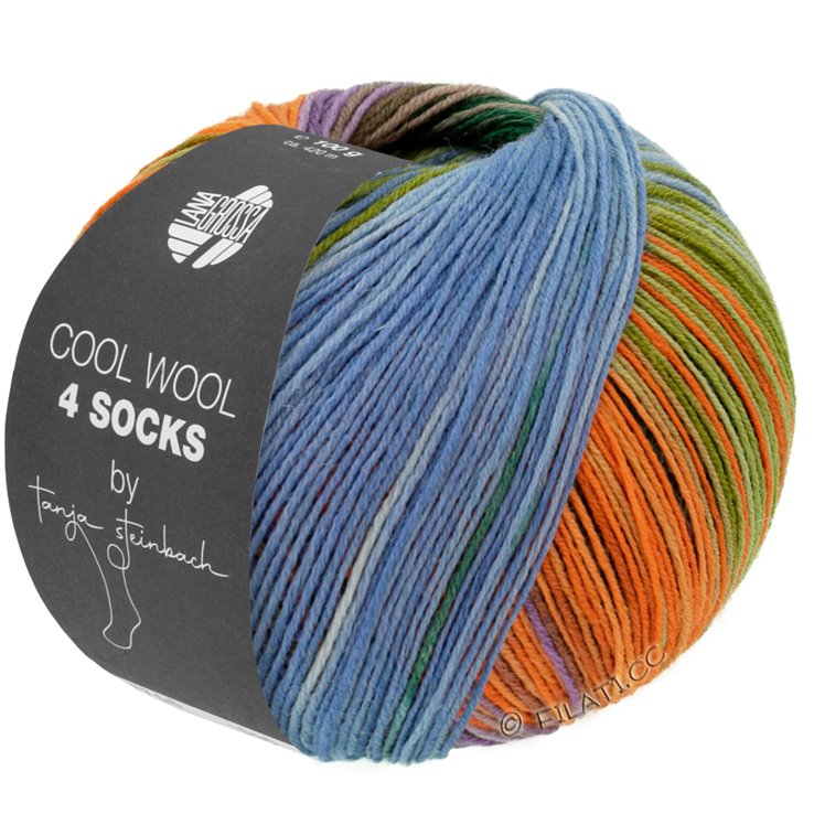 COOL WOOL 4 SOCKS PRINT II - von Lana Grossa | 7791-Schwarzgrün/Beige/Lila/Orange/Gelbgrün/Veilchenblau