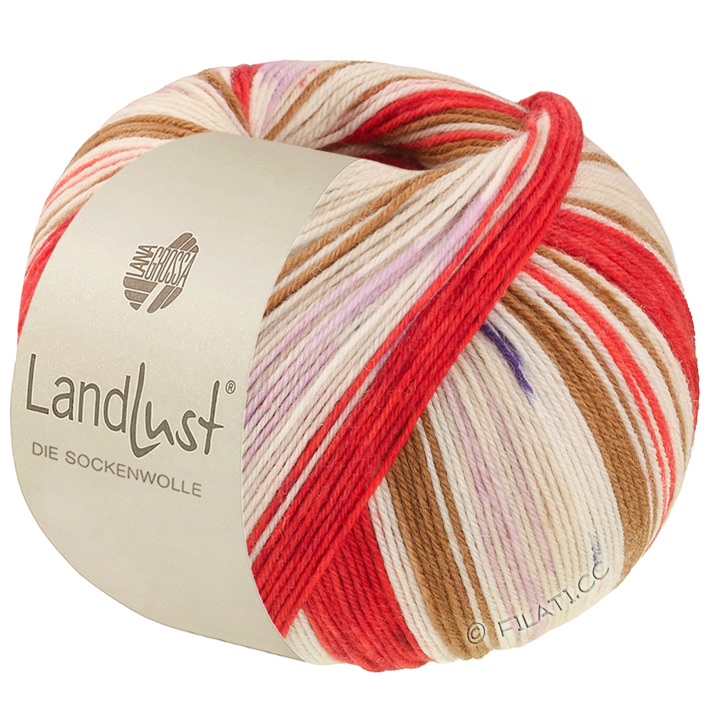 LANDLUST DIE SOCKENWOLLE - von Lana Grossa | 725-Orientrot/Erdbeerrot/Ecru/Braun/Rosa/Flieder/Hellbeige/Dunkelblau gestreift