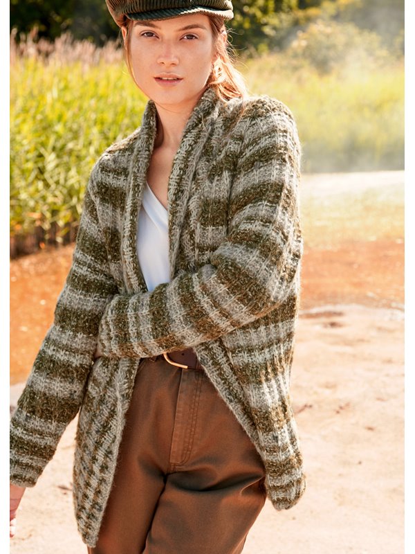 CARDIGAN IM GESTREIFTEN RIPPENMUSTER Lala Berlin Harmony, Benessere Tweed, Lala Berlin Lovely Cotton Inserto von Lana Grossa